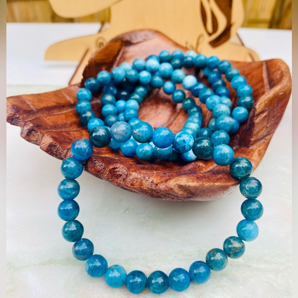 Blue Apatite Stone of Inspiration Mineral Round Bead Bracelet 8mm